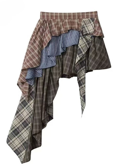 Millard Plaid Brown Skirt Tiered Fashion Asymmetrical Hem Pattern