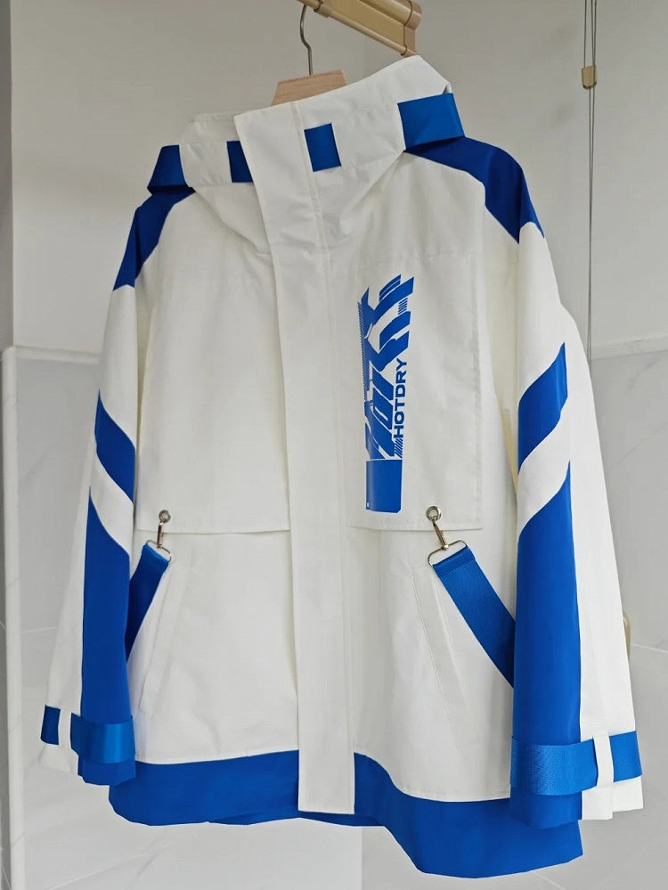 Veste coupe-vent à capuche Jirai Kei Techwear bleu et blanc avec bretelles