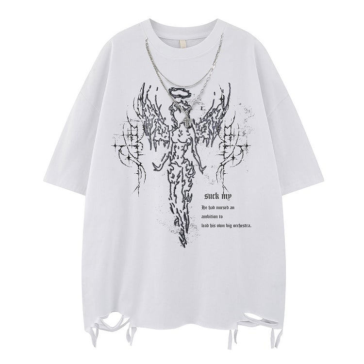 White/Black Distressed T-Shirt with Angelic Outline and Detachable Chain Cross