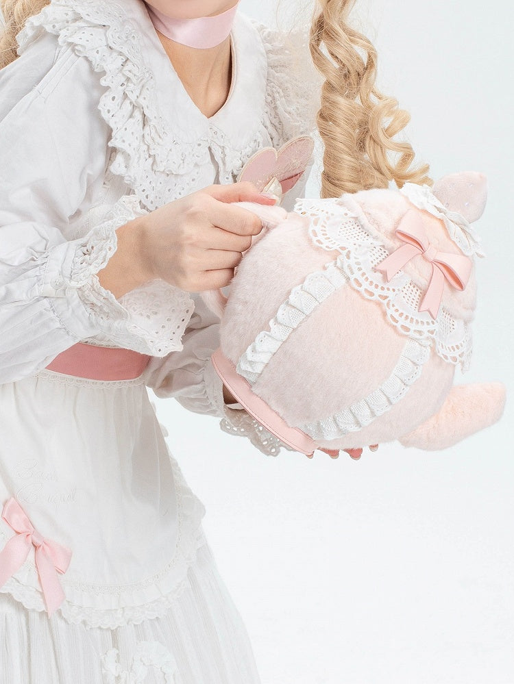Trim Sweet Lace Plush Decorated Lolita Bowknot Strawberry Hand/Crossbody Bag And Pink Teapot