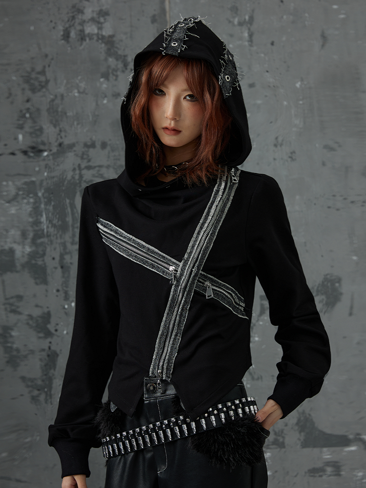 Cardigan With Denim Patchwork Zipper Accents Black Punk Cross Knit Hooded
