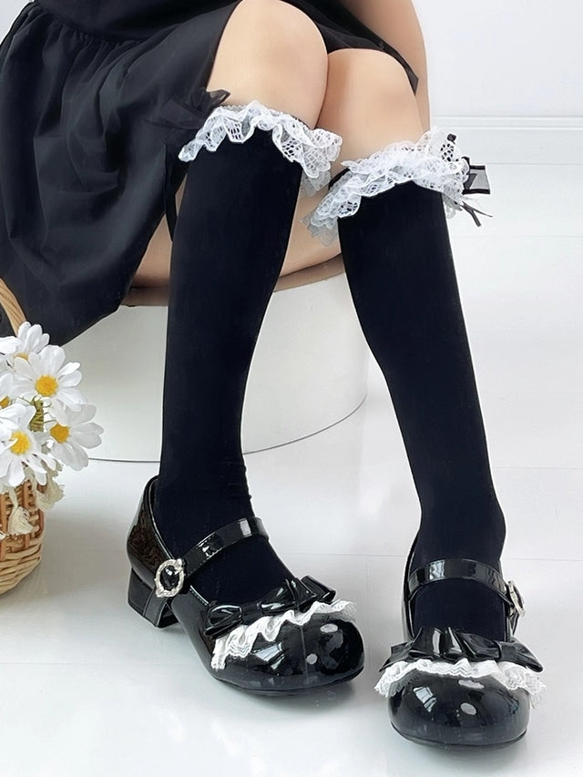Sweet Heels Low Toe with - Round Lolita Black PU Leather