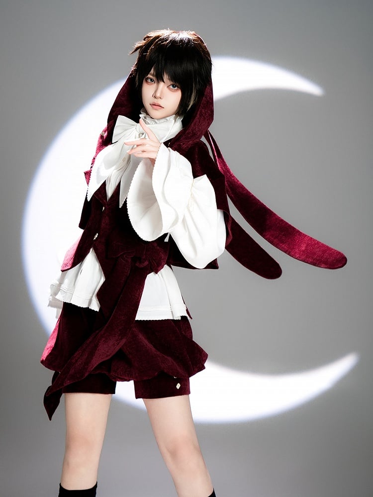 Bunny Hood Lolita Ears Jacket Wine Red Ouji with Velvet Oversized