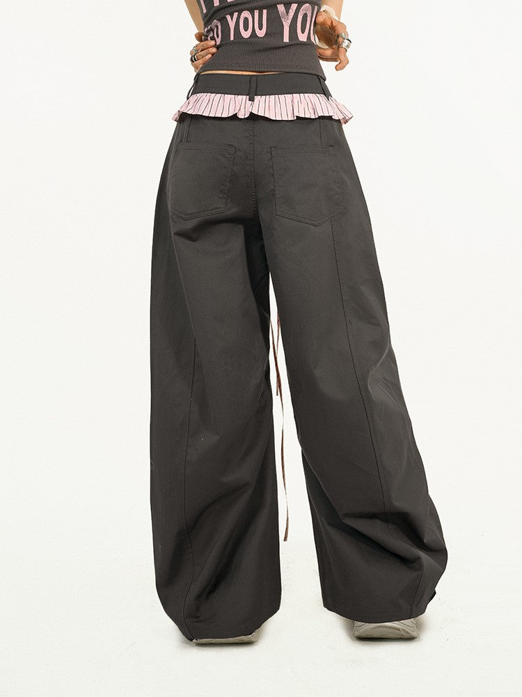 Two-piece Trim Wide-Leg Pants with Pink-Black Striped Black Faux Ruffle