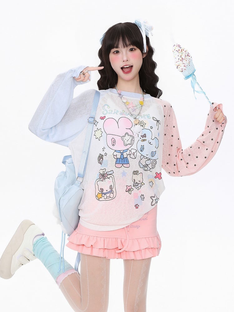 BlackWhite/PinkBlue Bunny Kitten Print Long Sleeve Top - Daily Kawaii Colorblock Design