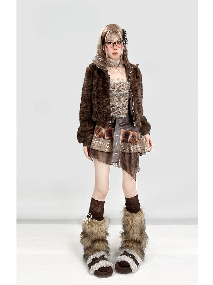 Gyaru Kaffee Leopard Plüschjacke