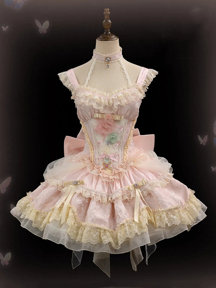 Princess Floral Dress Boned Pink Jumper Waist Fairy Lolita Corset Skirt Hanayome