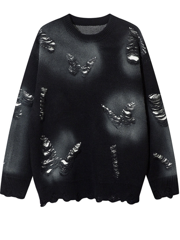 Y2K Schwarzer Pullover mit Rundhalsausschnitt und abgenutzten Löchern in Schmetterlingsform