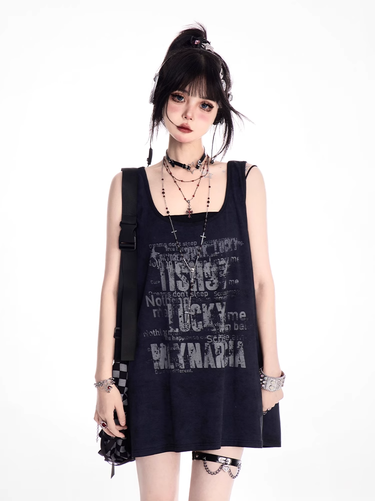 Black Scoop Neckline Letter Print Oversized Tank Top