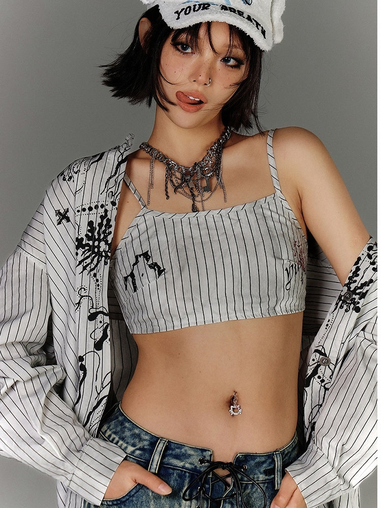 Cami Top Stripes Graffiti Distressed White Black Cropped