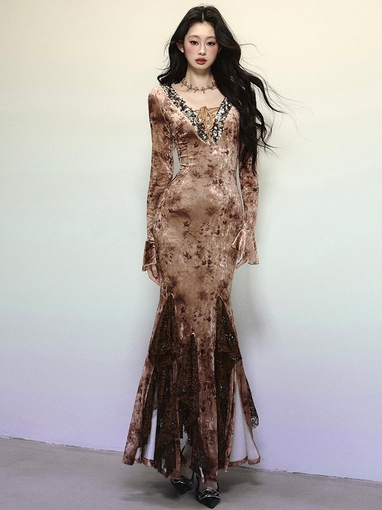 Coffee Sequins V-neck High Waist Lace Patchwork Flounce Mermaid Skirt Velvet Dress Evening Gown