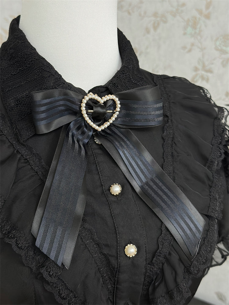 Saum Rüschen Stufenkleid Jirai Kei Schwarz Chiffon Herz Schnallen Taille