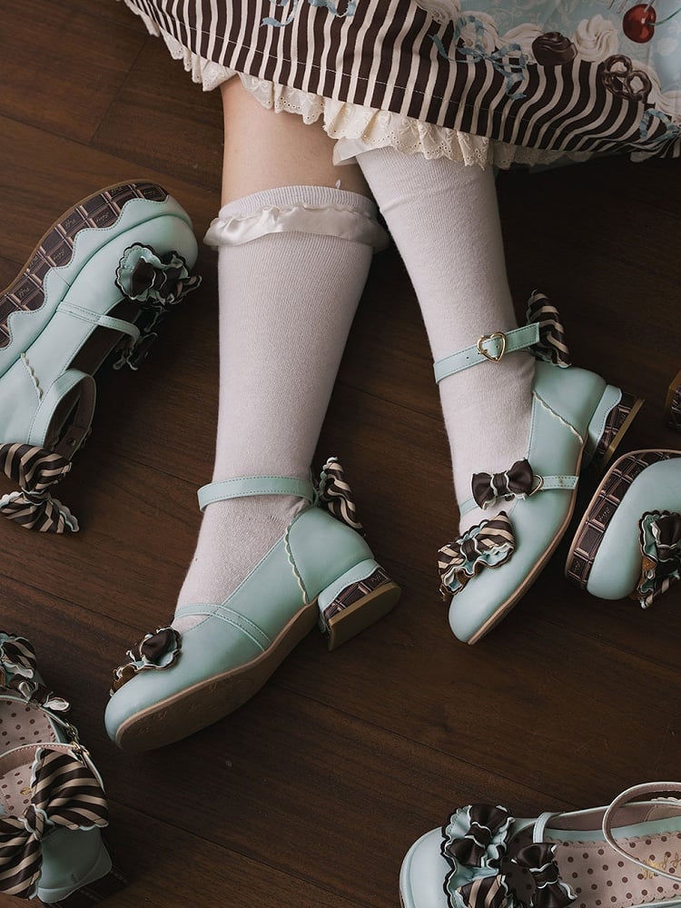 Herzmusterdetails Schnalle Lolita Bowknot Grünbraun Gestreift