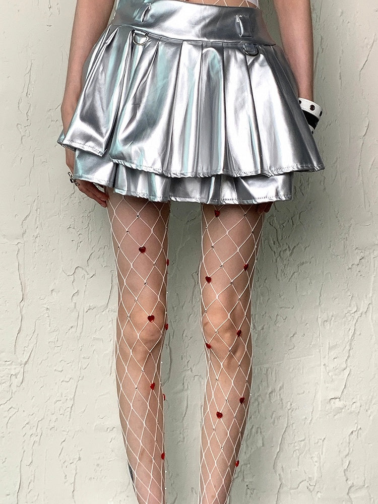 Black/White Decorated Heart Y2K Details Rhinestone Fishnet Tights