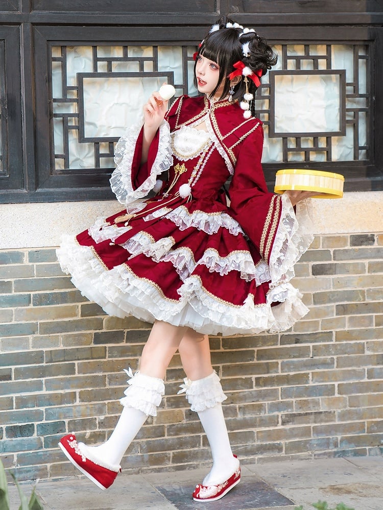 Red New Year Lolita Bows and Bead Chain Waist Tiered Hem Jumper Skirt