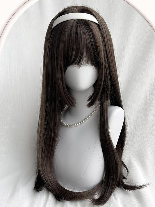 Brown/Black Long Straight Hime Cut Synthetic Wig With Bangs