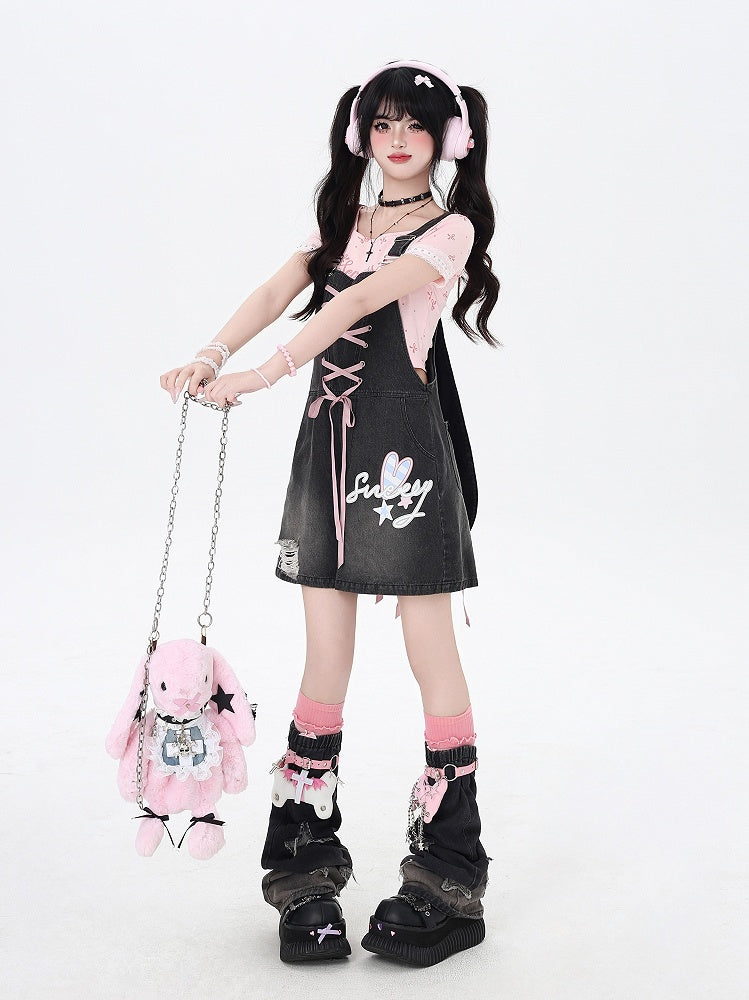 Black Bunny Ears Design Back Adorable Lace-up Denim Overall Shorts