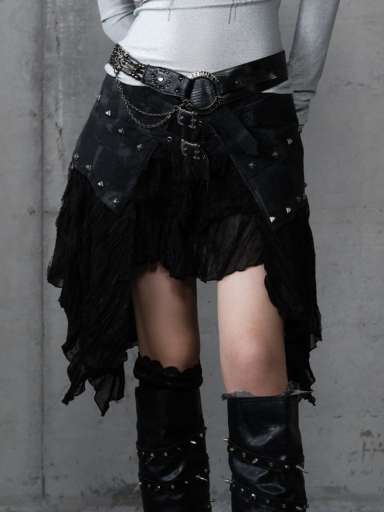 with Hem PU Asymmetrical Flair Skirt Black Studded Punk Edgy Lace Patchwork