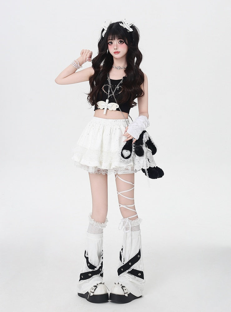 White Elastic Waist Tiered Skirt Trim Balletcore Lace
