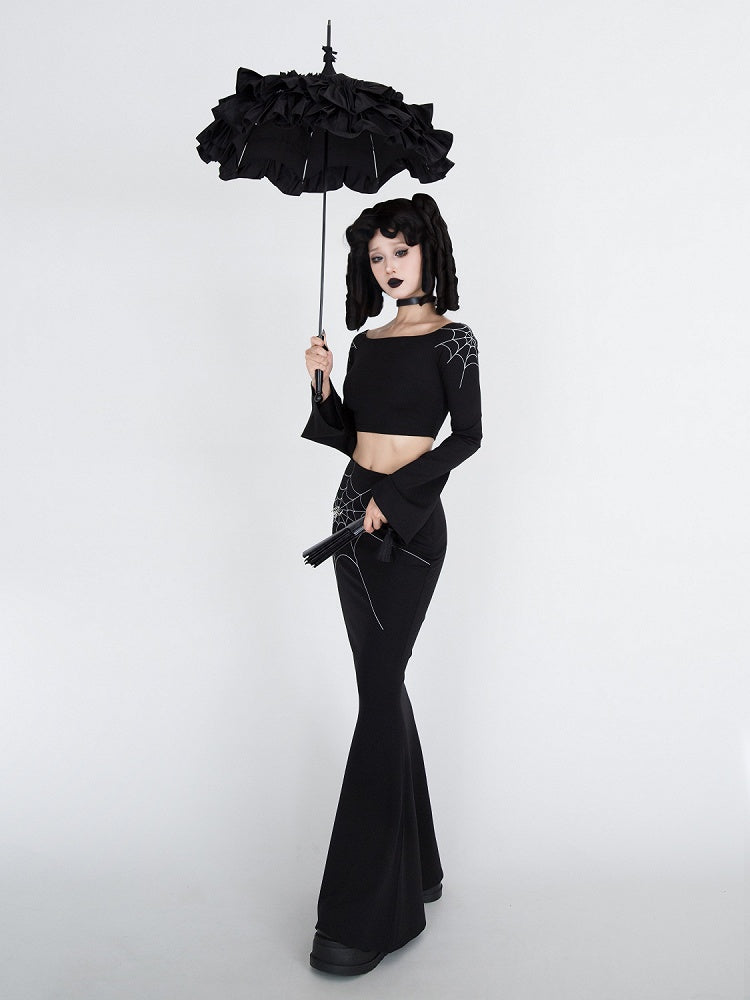 Gothic Black Spiderweb Bell Sleeves Cropped Top