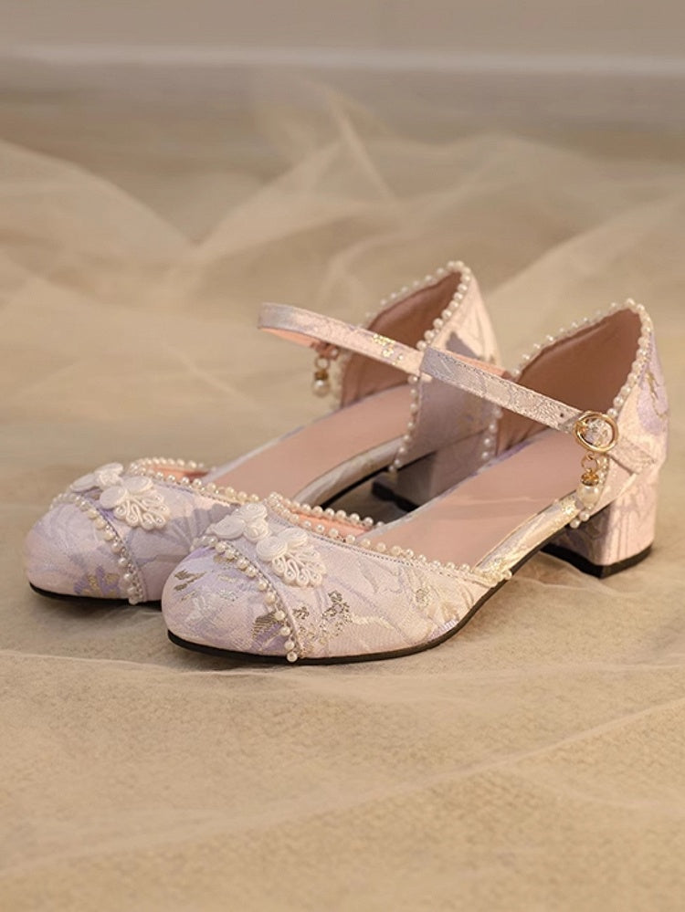 Top Details Beads at Heel Lolita Qi 4cm Frog Satin Sandals Button Purple