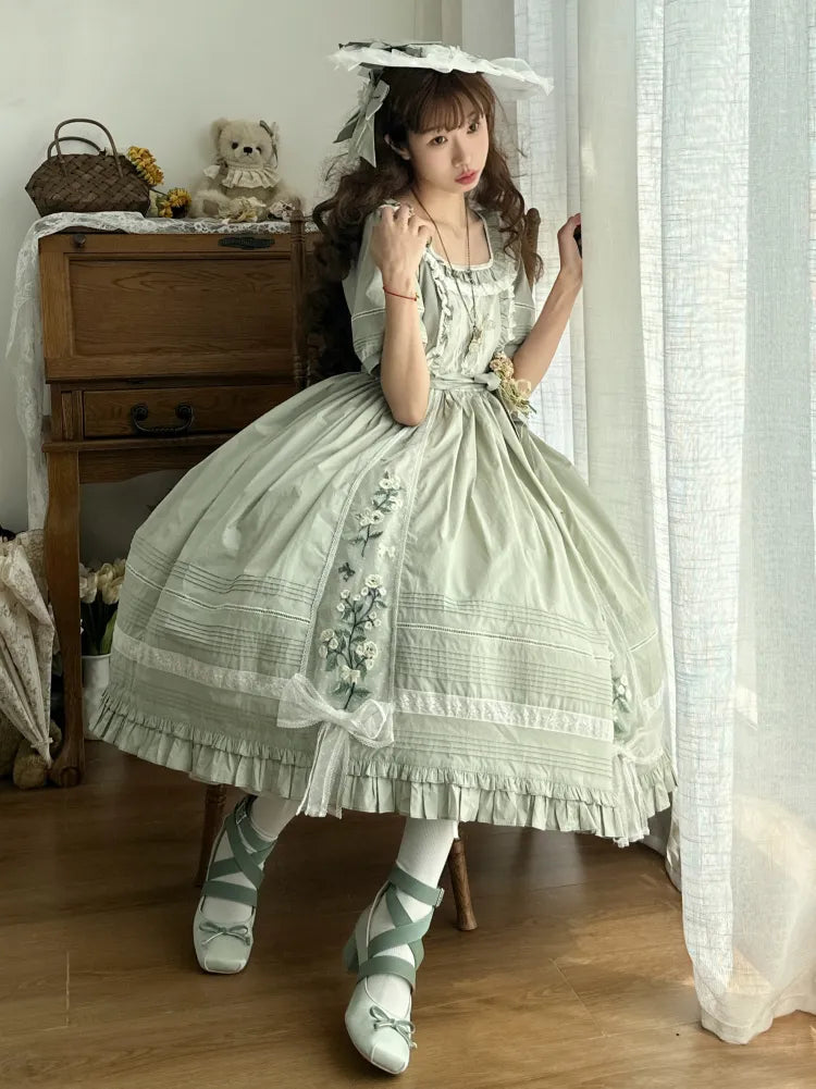 Jasmine Stickerei Baumwolle Ausschnitt Lolita Kleid Helles Quadrat Grün