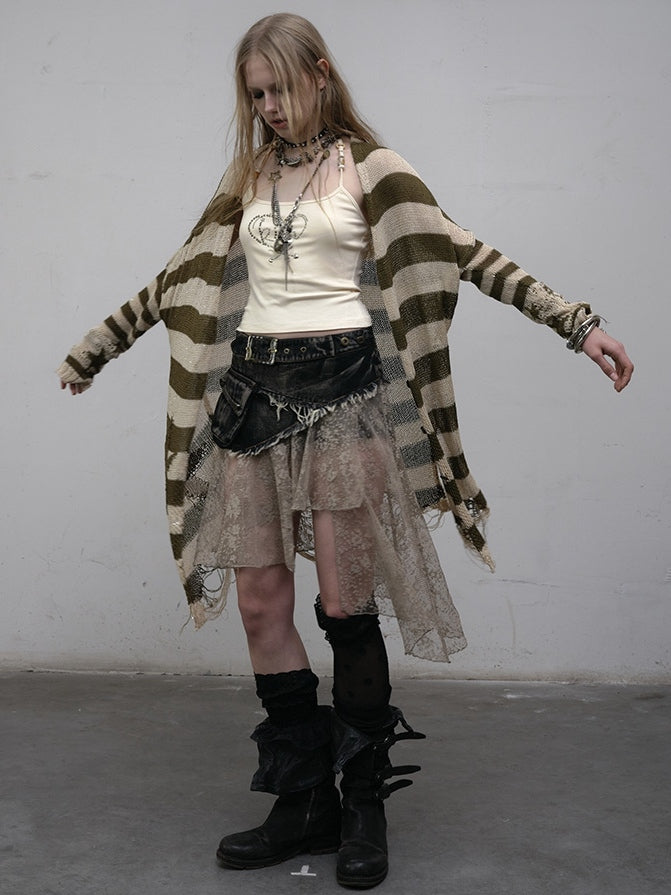 Pattern Striped Punk Cardigan Wasteland Green