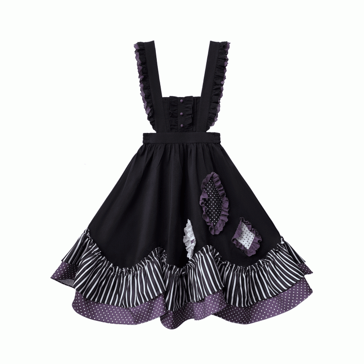 Dress Bittersweet Lolita Apron in Black Stripes and Purple Polka Dot
