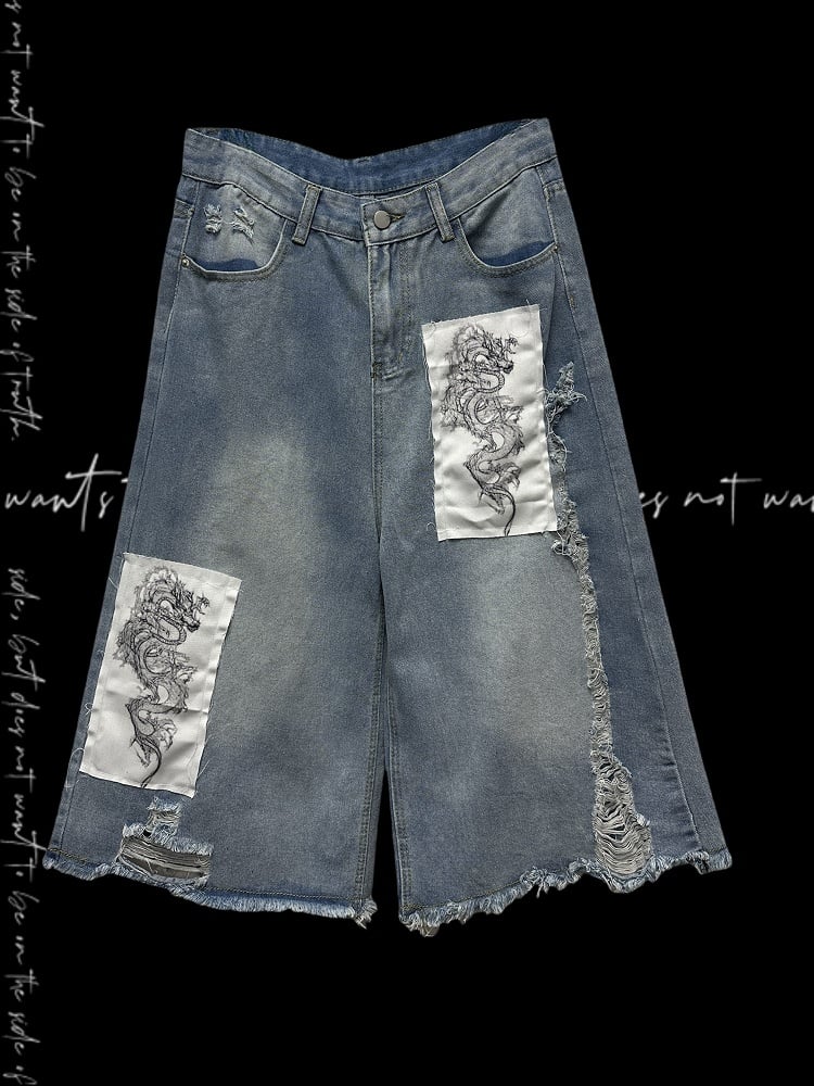 Blaue Jeans mit weitem Bein, Drachen-Applikation, ungesäumter Saum, abgenutzte Löcher, leicht
