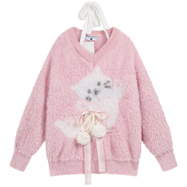 Light Blue/Pink Cute Cat Fuzzy V-Neck Halter Sweater