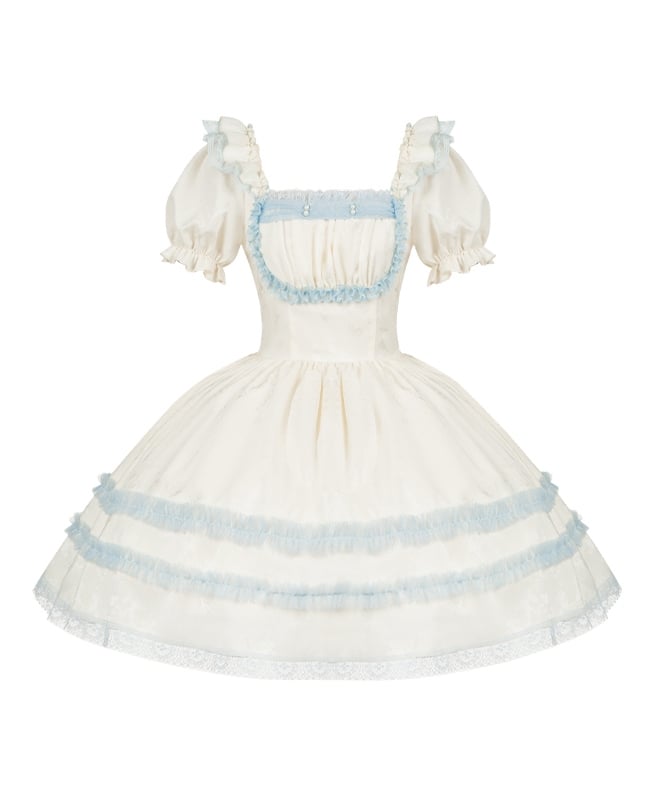 Lolita Lace and Puff Sleeves Dress Neckline Light Square Beige Trims Short Blue