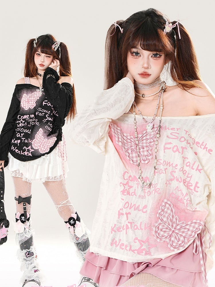 Off-the-shoulder Black/White Pink Plaid Butterfly Appliques