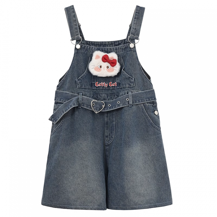Heart Shorts Plush Kitty Denim Dark Blue Faded Buckle Wash Belt Overall with