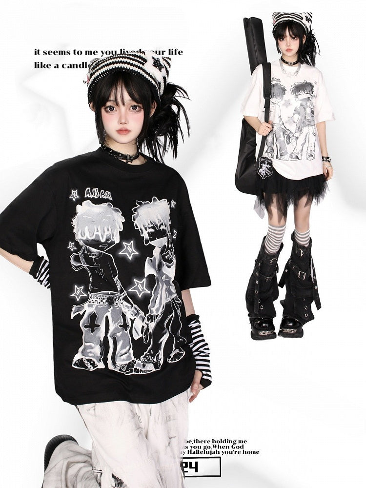 Loose-Fit Anime Character Graphic Tee - Flattering and Stylish White/Black/Pink