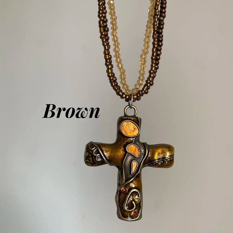 Gold/Braun Kreuz Anhänger Dreilagige Perlenkette