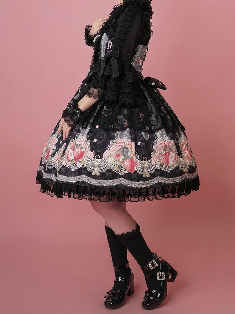 Lolita Sweet Black Strawberry Jumper Print Skirt