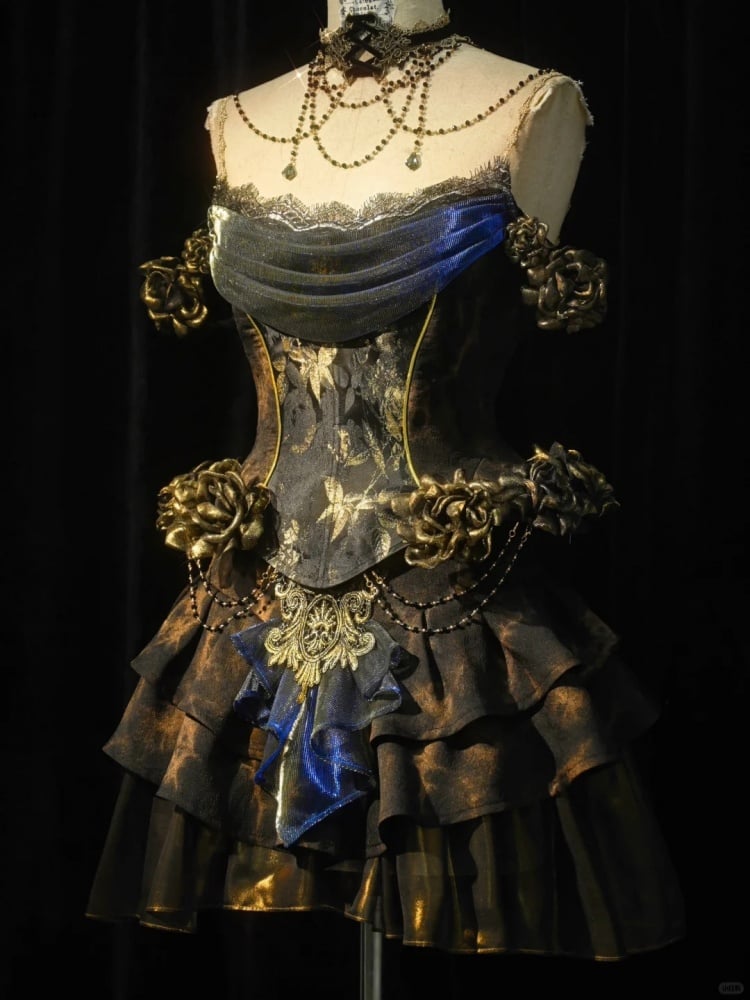 Gold Roses Schwarz und Gold Goth Korsett Top mit Stäbchen