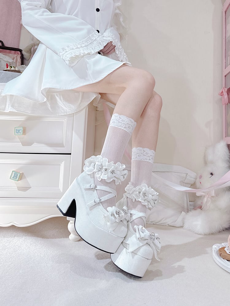 Weiße Heel Janes Mary Akzente High Block Samt Kei Jirai Schleife Old School Lolita