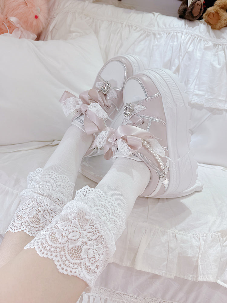 Chaussures à plateforme Jirai Kei en strass roses avec chaîne de perles amovible