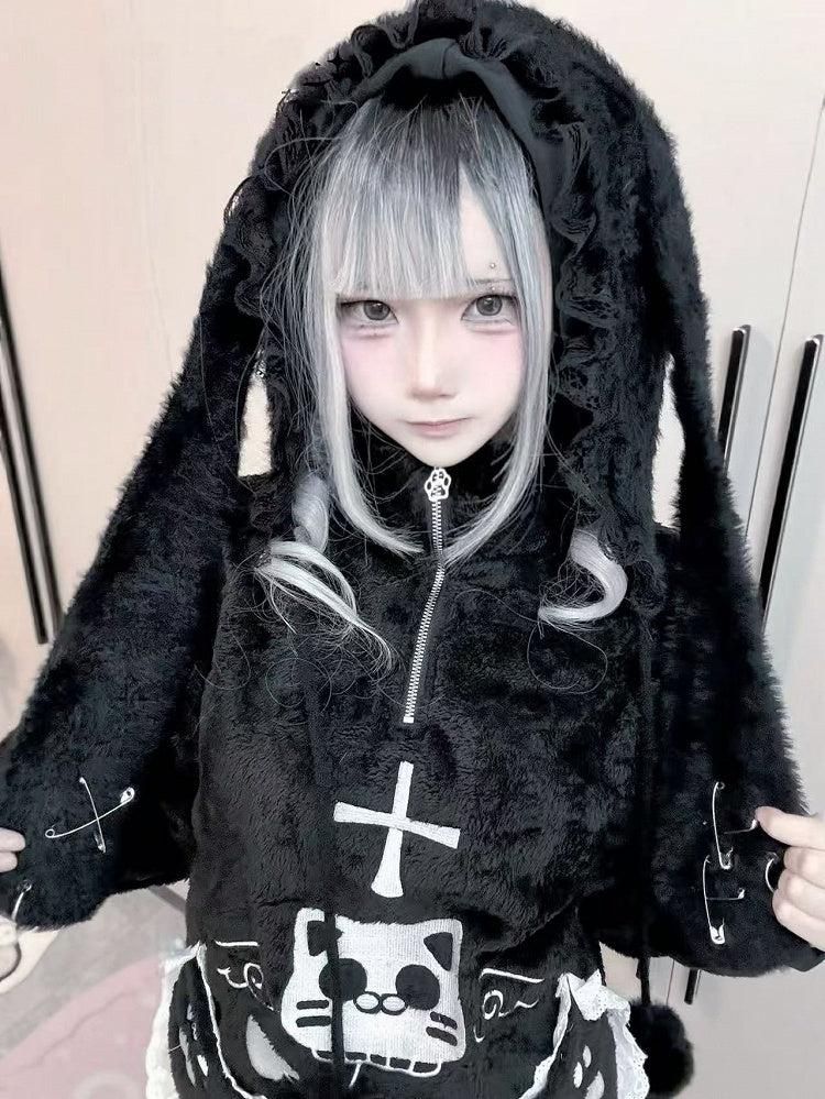 Black Bunny Ears Plush Hat with Self-tie Pompon Straps and Pin Details