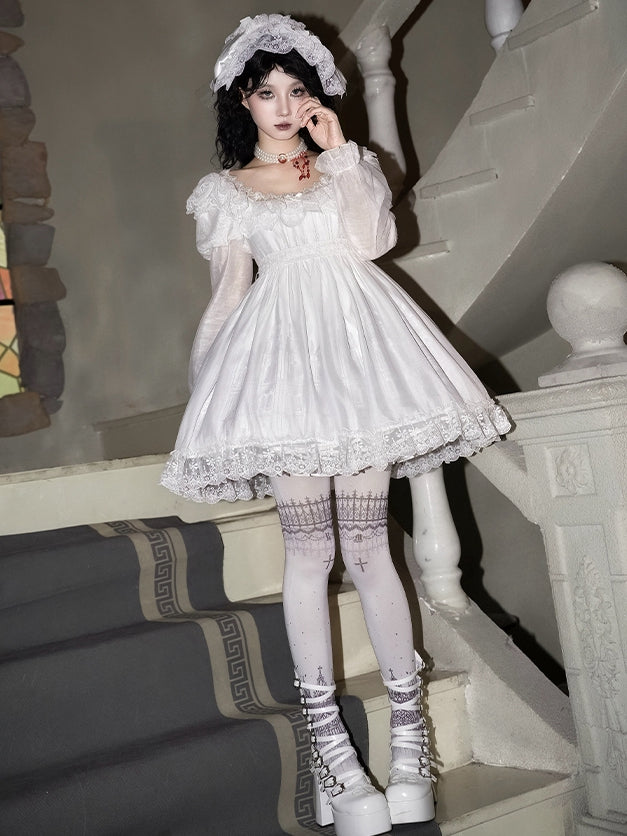 Set Full Short Dress Goth High White Version OP Castle Print Waist Lolita