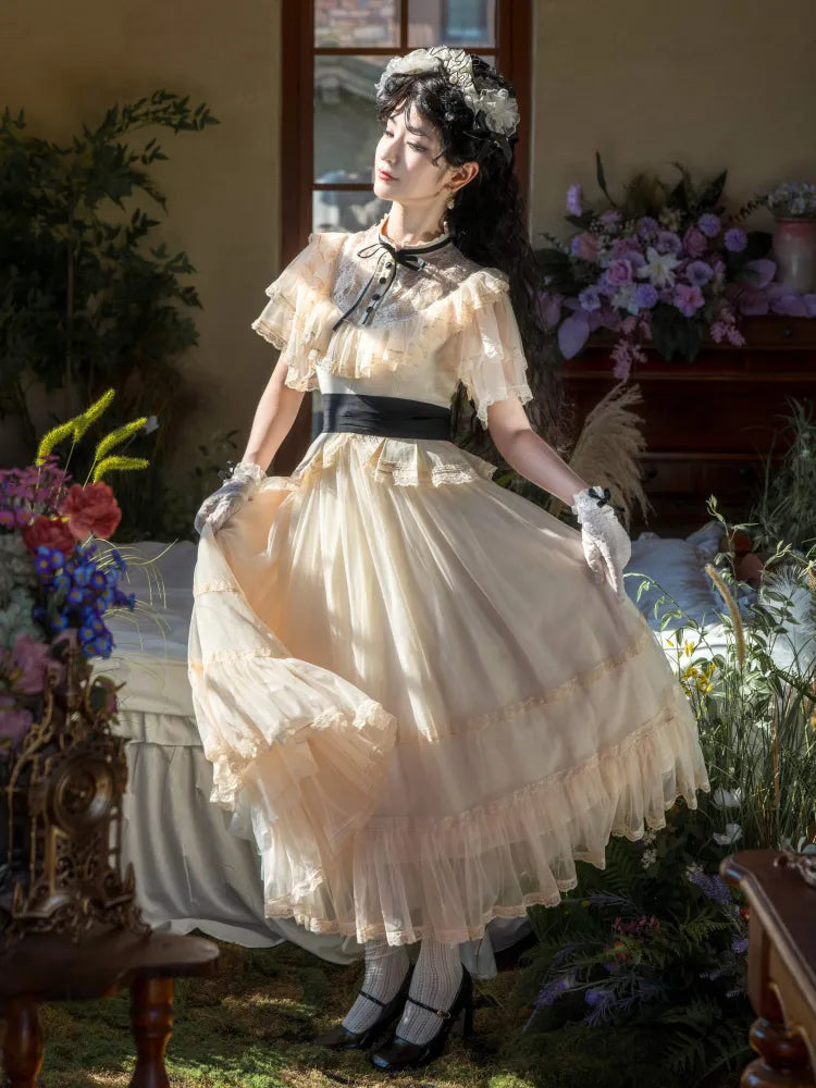 Beige Classic Waist Black Elegant Dress Neckline Lolita Illusion Edward Belt with