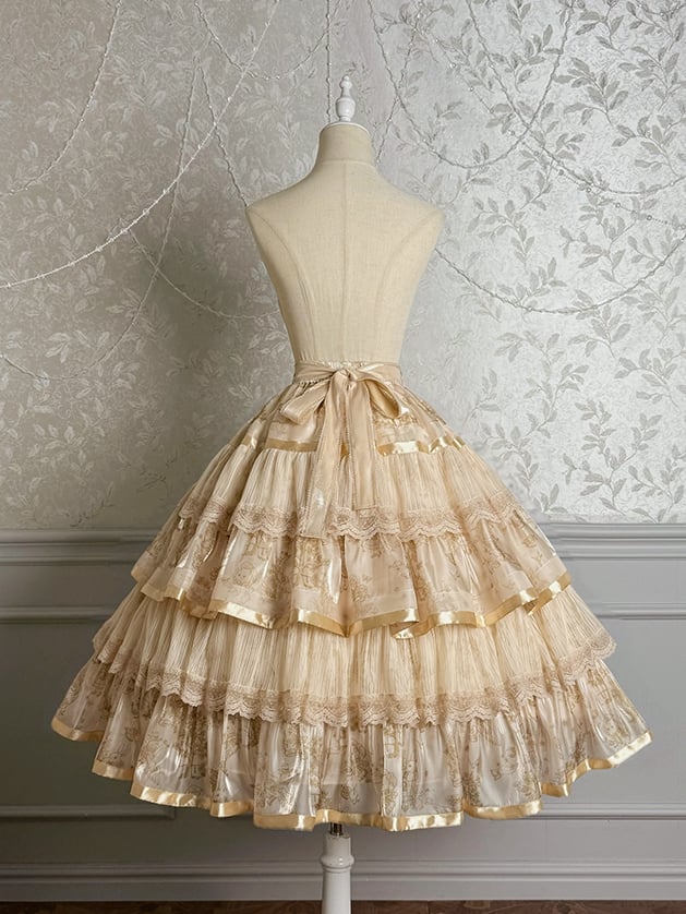 Skirt Bunny Champagne Lolita Kitty Print Ruffle and Tiered