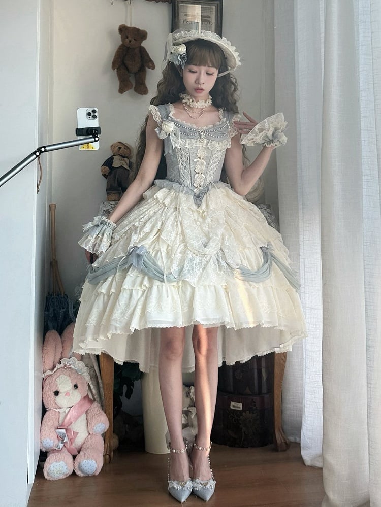 ダスティブルーのコルセットウエスト花嫁プリンセスロリータハイローレイヤードヘムドレスショートバージョン