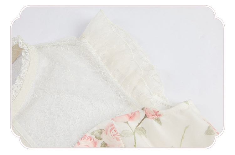 Dress Pink Print Rosette White Illusion Lolita Summer Neckline