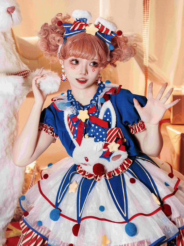 Kragen und Ärmel Süße Bluse Puff Blau Pompons Dunkelrot