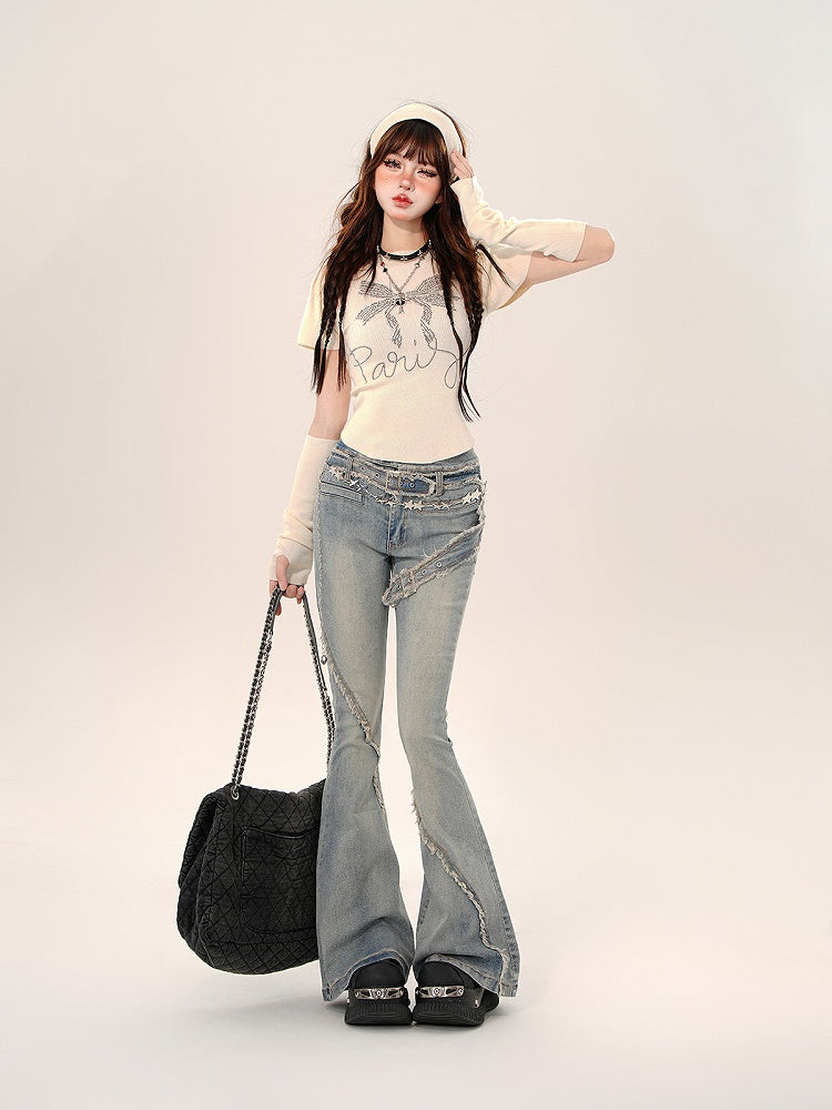 Blue Flare Jeans with Frayed Hem and Built-in Belt