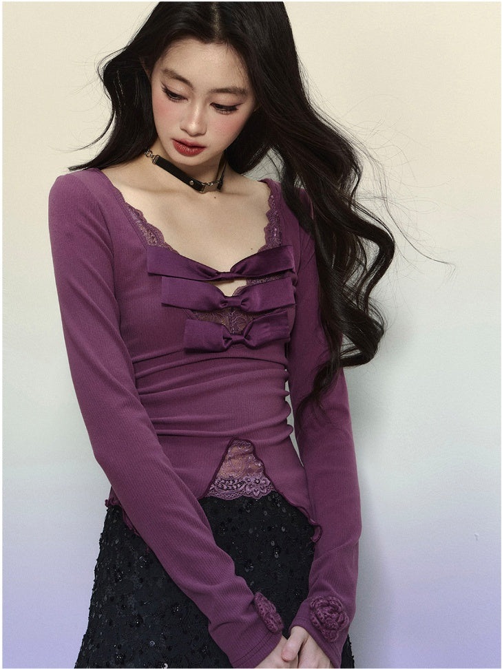 Purple V-neck Top Knitted Detail Contrast Lace Patches Glamorous Bowknots