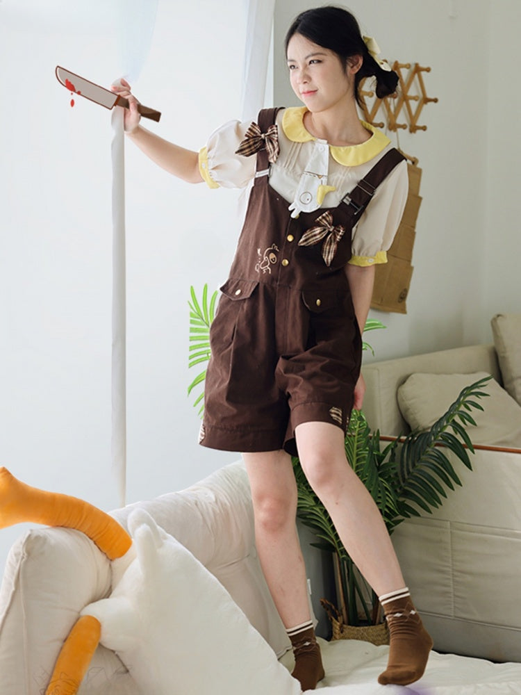 ダークブラウンのチェック柄リボンディテールオーバーオールショーツ