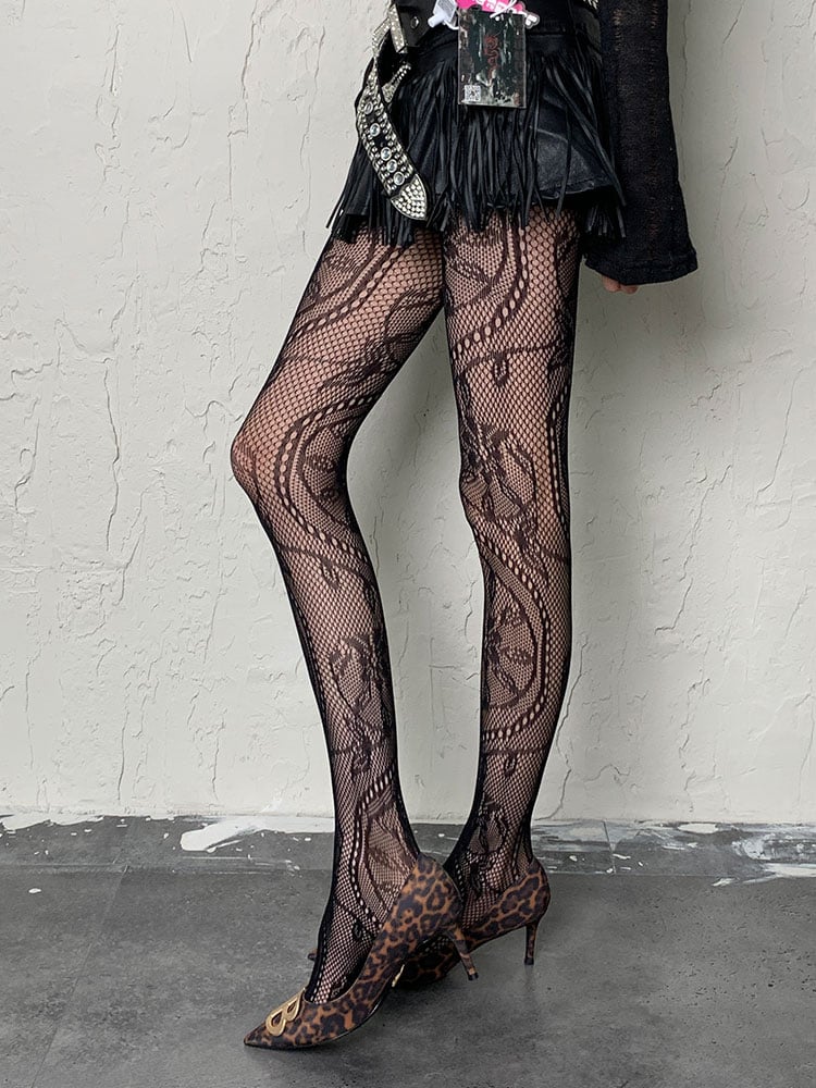 Black Y2K Floral Pattern Fishnet Tights